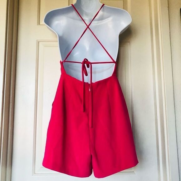 Bebe Hot Pink Spaghetti Strap Halter Cross Back Romper - Picture 7 of 16